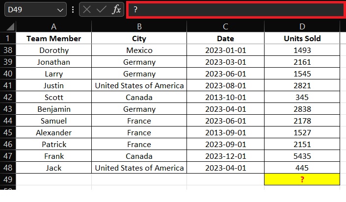 what value would be returned in excel d49