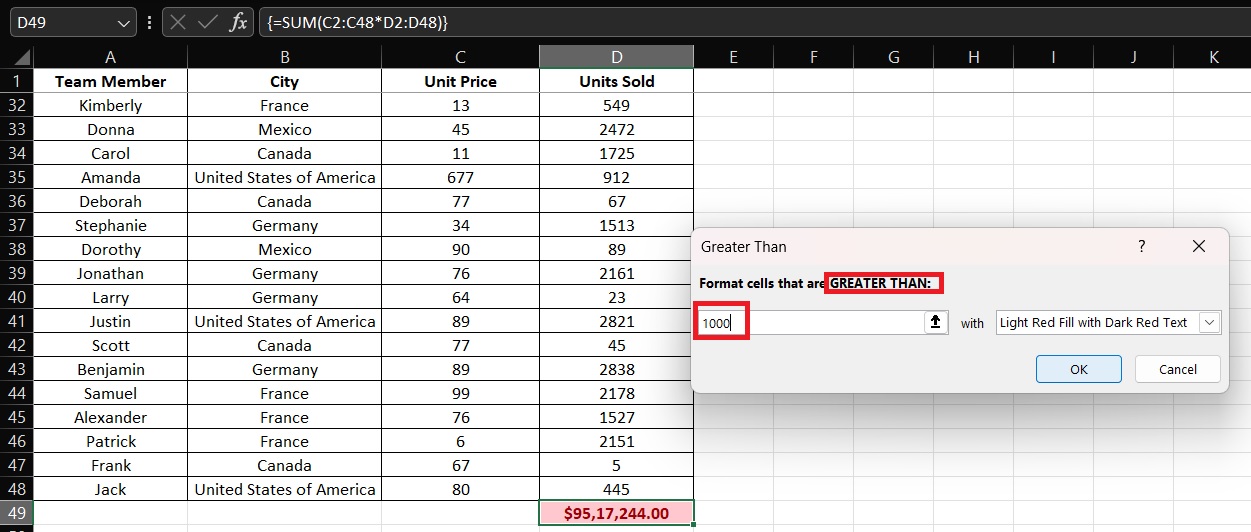 what value would be returned in excel d49